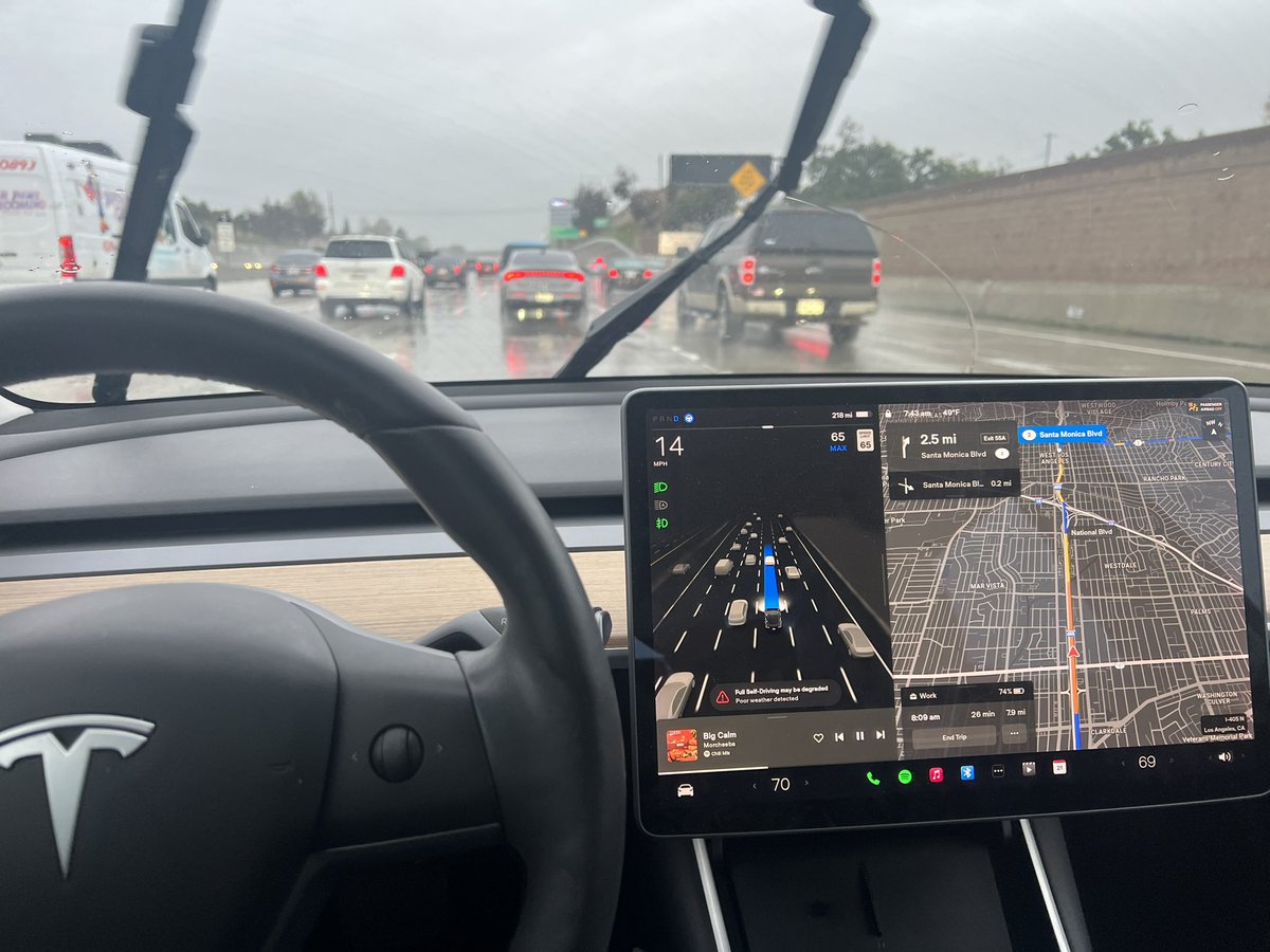 jeffglasse's tweet photo. Congrats, @Tesla team. This morning FSD was able to handle a morning commute from Culver City to West Hollywood completely unassisted, despite the fact that it was raining.  Amazing achievement to unify stack and deliver such dramatically improved performance. Kudos to the team! https://t.co/ZEUxK4v6TD