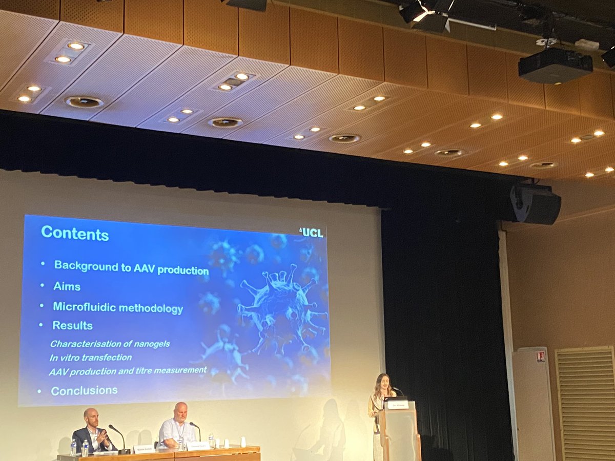 Innovative research by <a href="/ucl/">UCL</a> ESRs is exciting! Wonderful talk by <a href="/ZoeLWhiteley/">Zoe Rahim</a> about microfluidic production of nanogels for the manufacture of AAV vectors at prestigious 4th European Conference on Pharmaceutics <a href="/School_Pharmacy/">UCL School of Pharmacy</a> <a href="/duncancraigbath/">Duncan Craig</a>