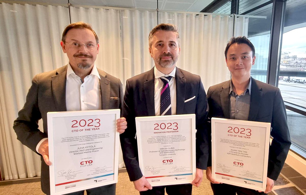 Spinverse (@spinverse) on Twitter photo Winners 2023 announced! Kudos to CTOs of the Year 2023 in Finland, Juha KytölÀ of <a href="/wartsilacorp/">WÀrtsilÀ Corporation</a> and @kuanyentan1 of <a href="/meetIQM/">IQM Quantum Computers</a>. and Innovation Professor of the Year 2023 <a href="/MirceaGuina/">Mircea Guina</a>! tinyurl.com/3c8426dn
#CTO #Innovationprofessor #Awards #industry #academia <a href="/TechFinland/">Teknologiateollisuus</a> Winners 2023 announced! Kudos to CTOs of the Year 2023 in Finland, Juha KytölÀ of <a href="/wartsilacorp/">WÀrtsilÀ Corporation</a> and @kuanyentan1 of <a href="/meetIQM/">IQM Quantum Computers</a>. and Innovation Professor of the Year 2023 <a href="/MirceaGuina/">Mircea Guina</a>! tinyurl.com/3c8426dn
#CTO #Innovationprofessor #Awards #industry #academia <a href="/TechFinland/">Teknologiateollisuus</a>