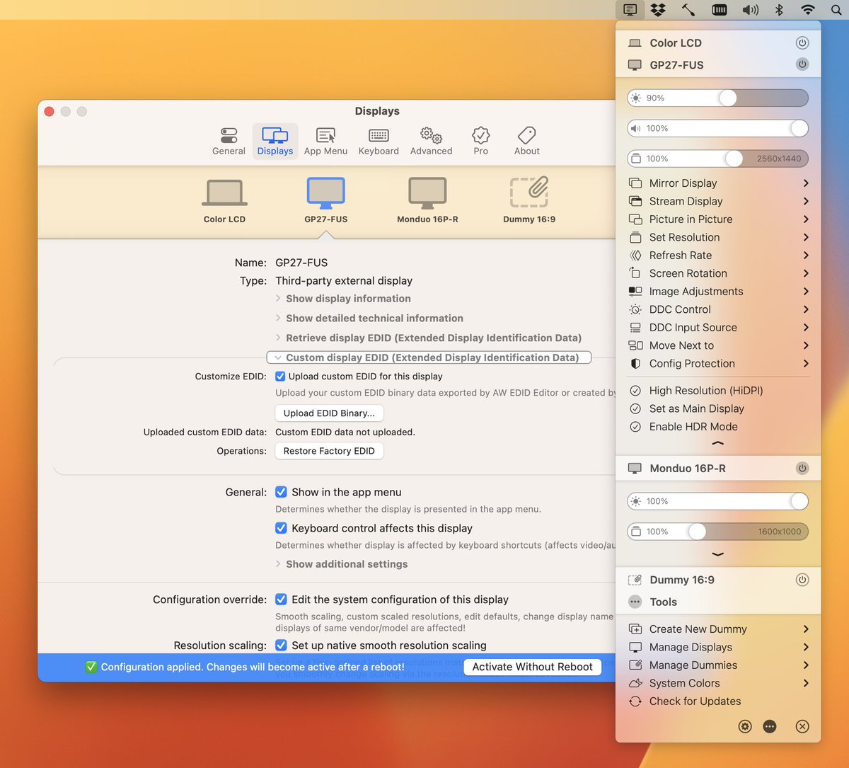 RydMike's tweet photo. Tried #BetterDisplay for #macOS, a lovely utility. Sadly it cannot help with #bug of Macs forgetting arrangement of identical displays. A feature that works fine on Win and Linux. Only Apple can fix it, but they have not bothered for years @AppleSupport https://t.co/fEuMxCCRtb https://t.co/Hlgm0cPjQO