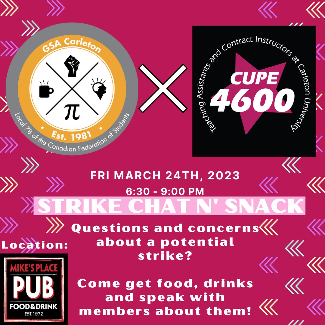 Are you a CUPE 4600 member and want to learn more about a potential strike? Come to Mike’s Place on Friday March 24th from 630-9pm and speak with members. Grab some food and drinks too! University Centre Second Floor 209.