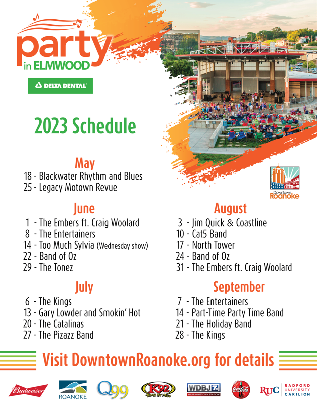 DowntownRoanoke's tweet photo. The best beach party in the valley returns for 2023! 

Delta Dental Party in Elmwood brings 20 weeks of outdoor, live music to Elmwood Park from 5:30 pm to 8:30 pm. ☀ Admission to each concert is just $10 and children under 12 are free.

Details at https://t.co/ZOcoszd6rP https://t.co/hGmuaO0y0G