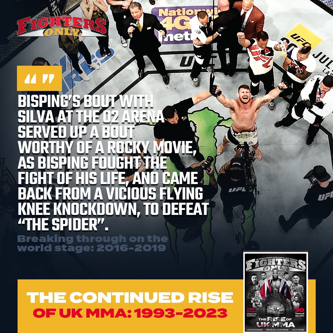 FightersOnly's tweet image. What do you remember from that iconic night when @bisping defeated Anderson Silva? 👑

Full article of &apos;The Rise of UK MMA&apos; available from The Bible of MMA - coming soon! 👀

#FightersOnly #michaelbisping #ukmma #theriseofukmma #mmabible #thebibleofmma