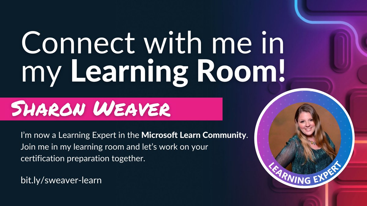 Partnering with @Microsoft gives me the unique opportunity of having a private learning room where I can help you through your learning journey and certification process. Join me at bit.ly/sweaver-learn?….

#LearningRooms #MScerts #MicrosoftLearn #MicrosoftCertification