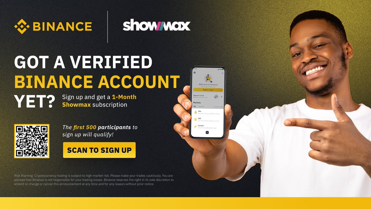 BinanceAfrica's tweet photo. The First 500 new users to complete all the tasks below, gets a Showmax subscription 

🔸Sign up and verify 👉 https://t.co/c26bcwI34C
🔸Complete at least a $10 transaction on Binance
🔸Complete this form 👉 https://t.co/DLVlMPeHfQ

Lets go 🚀  #BinanceShowmaxForYou https://t.co/Tr8lrXkfGy