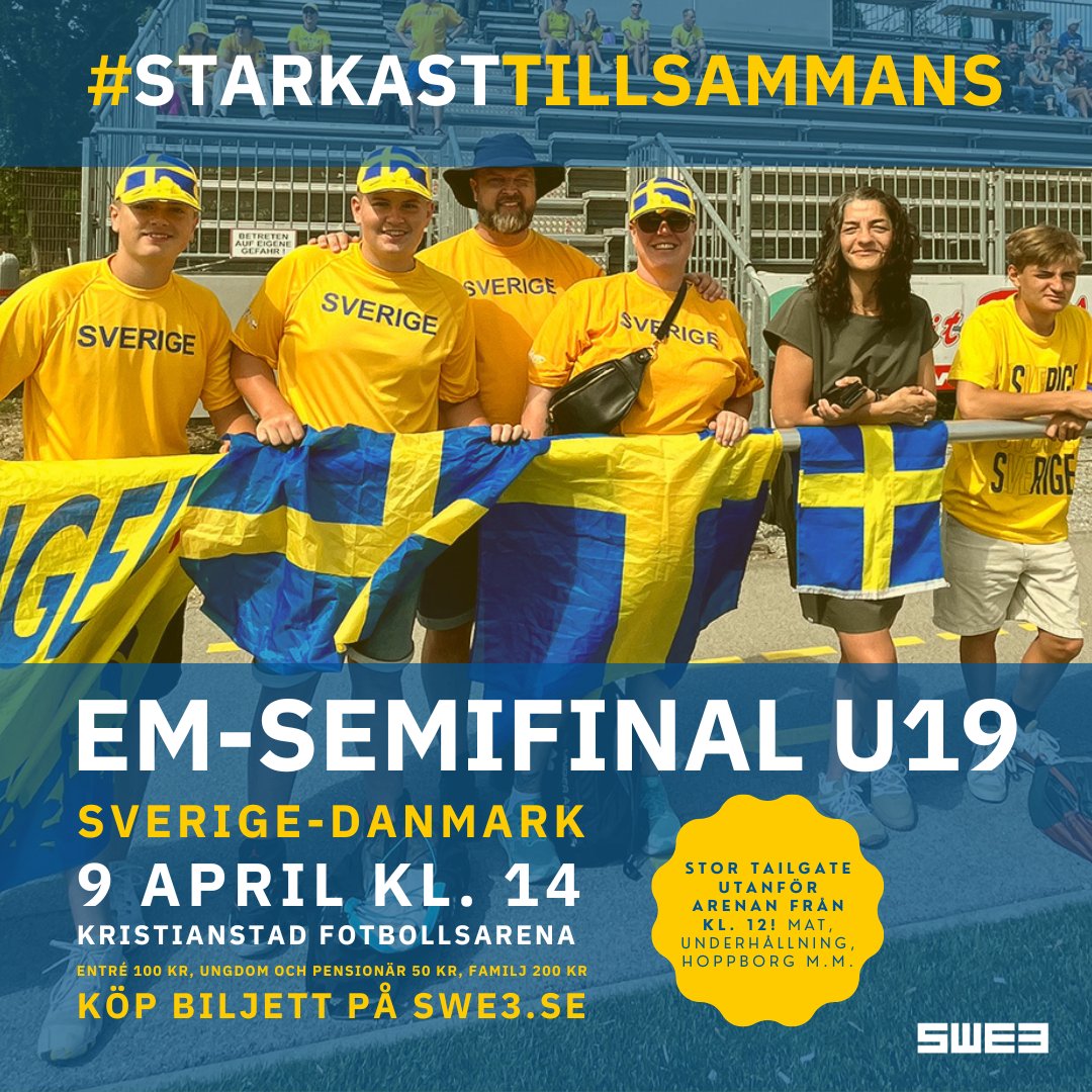 Den 9 april spelar Sveriges juniorlandslag i amerikansk fotboll EM-semifinal mot Danmark i Kristianstad. Avspark kl. 14, tailgate från kl. 12. Kom och heja på Sverige mot nya idrottsframgångar! 

Biljetter och mer information på amerikanskfotboll.swe3.se/event/em-semif… #StarkastTillsammans