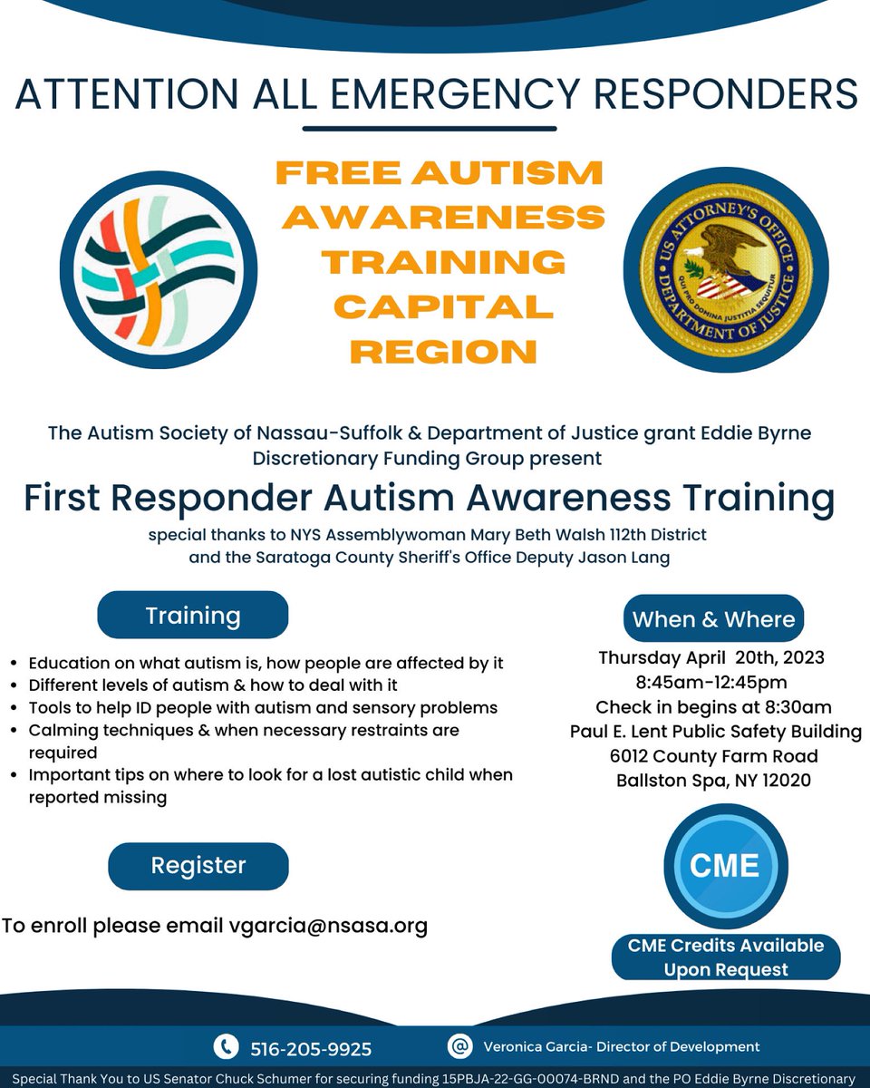 MBWalsh112's tweet photo. Calling local first responders! 🚨
I am partnering w/ the @ASGHR_NY, @nasssuffasa &amp; @SaratogaSheriff to host a FREE Autism Awareness Training in the Cap Region on 4/20/23 at the Paul E. Lent Public Safety  Building. Info on how to sign up can be found below. Help spread the word! https://t.co/80xRkKsyTf