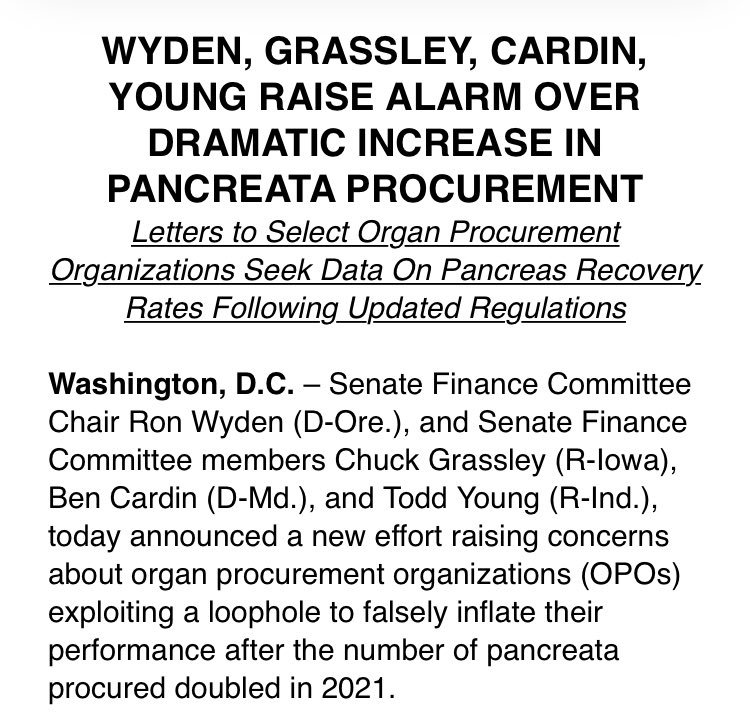 Dan Diamond (@ddiamond) on Twitter photo 2023-03-21 16:13:06 Are the companies in charge of organ donation falsely inflating their stats? Senators today are raising “alarm” over the “dramatic” increase in pancreas numbers — see story from @LennyMBernstein, who broke this news yesterday. Are the companies in charge of organ donation falsely inflating their stats? Senators today are raising “alarm” over the “dramatic” increase in pancreas numbers — see story from @LennyMBernstein, who broke this news yesterday.