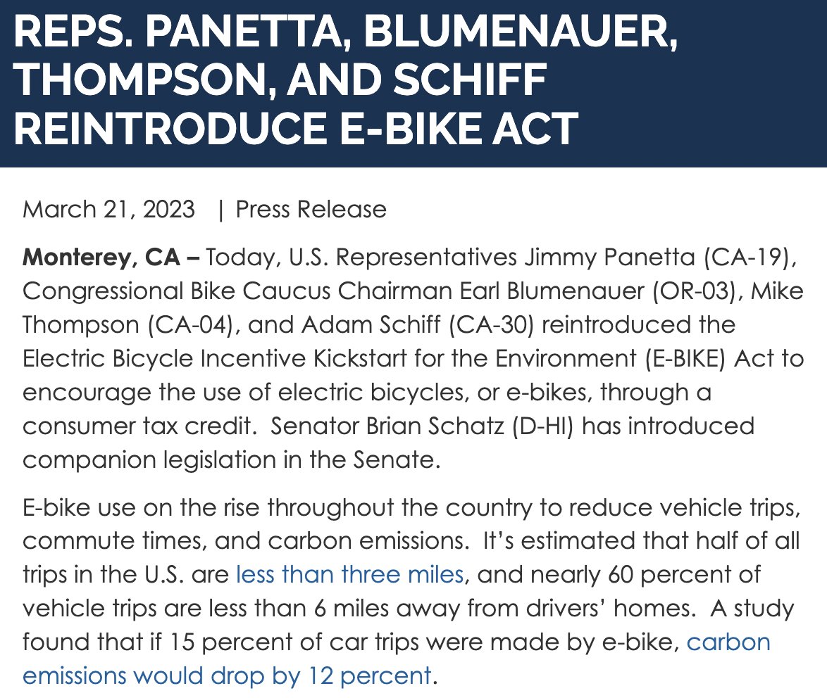 BREAKING: The federal e-bike bill is BACK. A new proposal would give Americans up to $1,500 off a new e-bike. This bill is similar to its predecessor, which came tantalizingly close to passing last year. BUT there are some key differences. 🧵 panetta.house.gov/media/press-re…