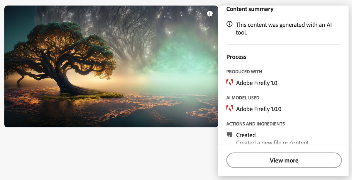 Wondering what that little starry 'i' is for. @Adobe automatically attaches Content Credentials to content created with #AdobeFirefly to indicate that generative AI was used. Read more about this in the Firefly FAQ: firefly.adobe.com/faq #ContentAuthenticityInitiative