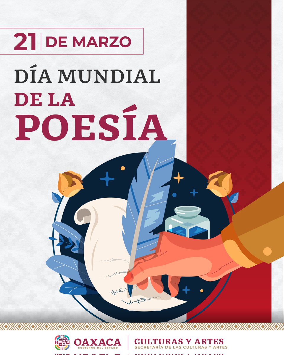 SECULTA_GobOax's tweet photo. Cada 21 de marzo se celebra el Día Mundial de la Poesía, una fecha establecida por la UNESCO, para honrar a los poetas y conmemorar una de las formas más preciadas de la expresión e identidad lingüística de la humanidad.

La cultura es para todas y todos. https://t.co/FqvDLptdQU