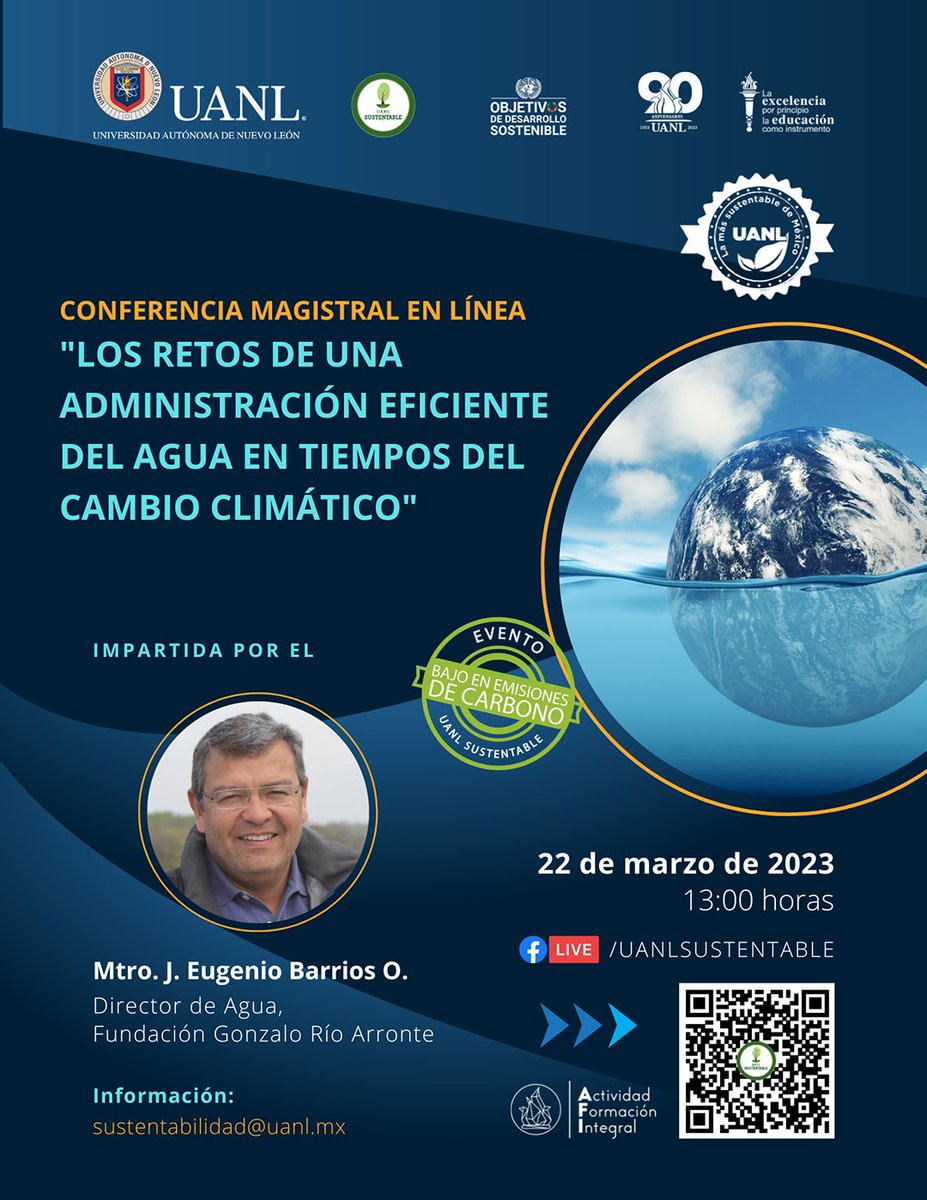 uanl's tweet photo. En el marco del #DíaMundialDelAgua 🌎💧, la Secretaría de Sustentabilidad te invita a la conferencia virtual del Mtro. Eugenio Barrios acerca de cómo podemos eficientar el uso del vital líquido en estos tiempos de crisis ambiental. Sigue la transmisión en vivo 🔴🎥. #EventoAFI https://t.co/Sd1hQXzuqp