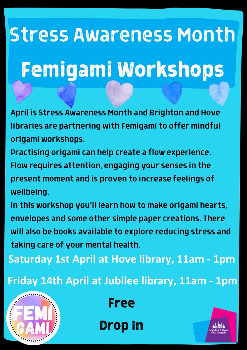 Join us in April #StressAwarenessMonth for some @femigami origami workshops🤩 
Learn how to make simple paper creations at Jubilee and Hove libraries.
The workshops are friendly, supportive and open to all💜
#Hove #Brighton #creative #origami