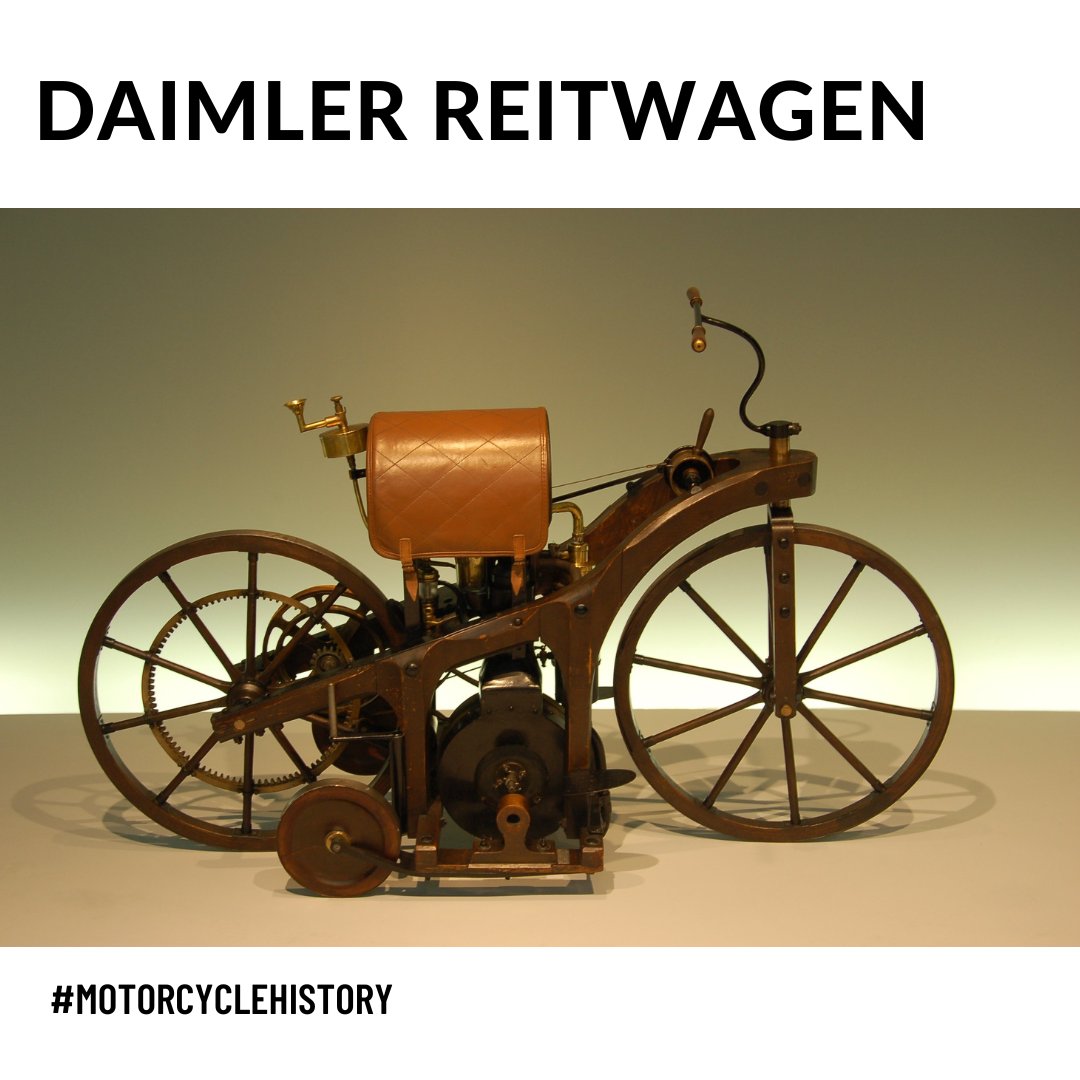 In 1885, Gottlieb Daimler & Wilhelm Maybach invented the first motorcycle - the Daimler Reitwagen. Wooden framed, two large wheels & a small front wheel. No suspension, limited steering & only 10 mph top speed. #MotorcycleHistory #DaimlerReitwagen