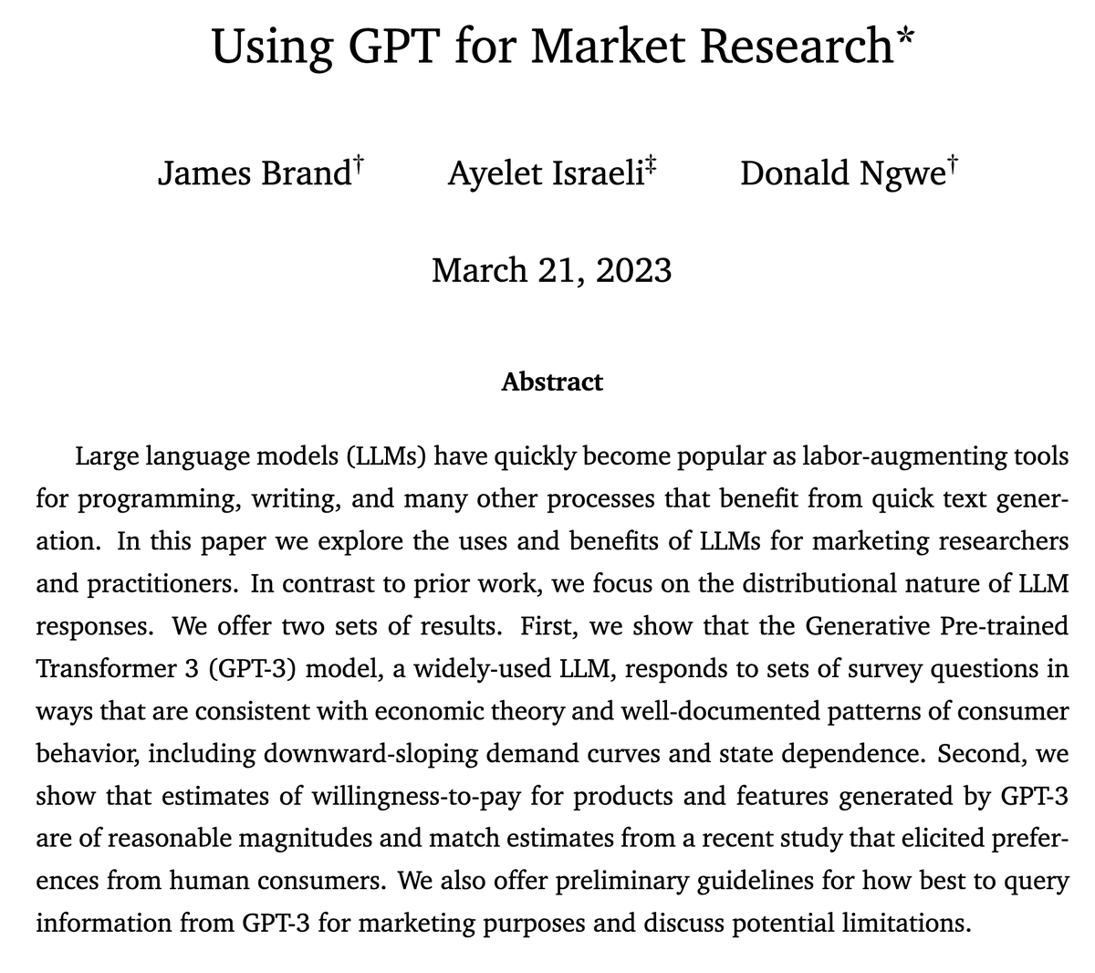 🚨🚨New working paper! 🚨🚨
<a href="/IsraeliAyelet/">Ayelet Israeli</a>, <a href="/NgweDonald/">Donald Ngwe</a> and I have a new paper out which uses GPT-3 to estimate consumer preferences. We show that GPT-3's responses to conjoint-like questions are internally consistent, consistent with econ theory, and of reasonable magnitudes! 1/