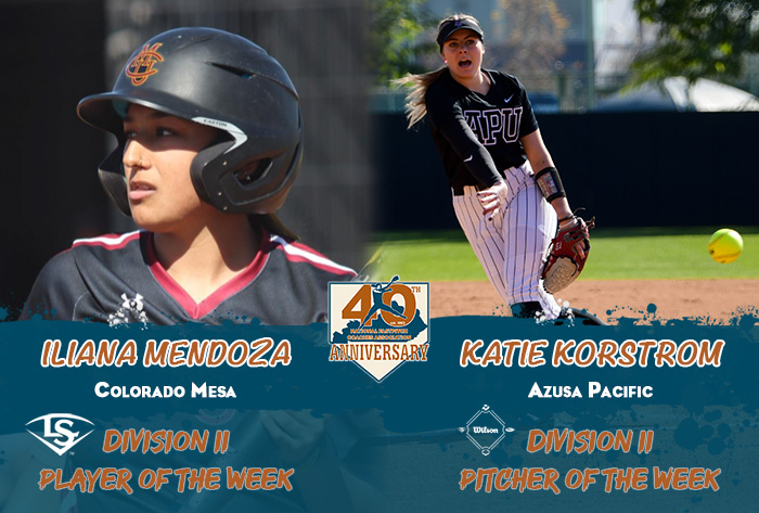 NFCA (@NFCAorg) on Twitter photo 2023-03-21 19:01:27 π₯ @CMUMavericks' Iliana Mendoza & @APUCougars' Katie Korstrom named D2 @sluggerfp Player & @wilsonballglove Pitcher of the Week! πbit.ly/3JCf82k π₯ @CMUMavericks' Iliana Mendoza & @APUCougars' Katie Korstrom named D2 @sluggerfp Player & @wilsonballglove Pitcher of the Week! πbit.ly/3JCf82k