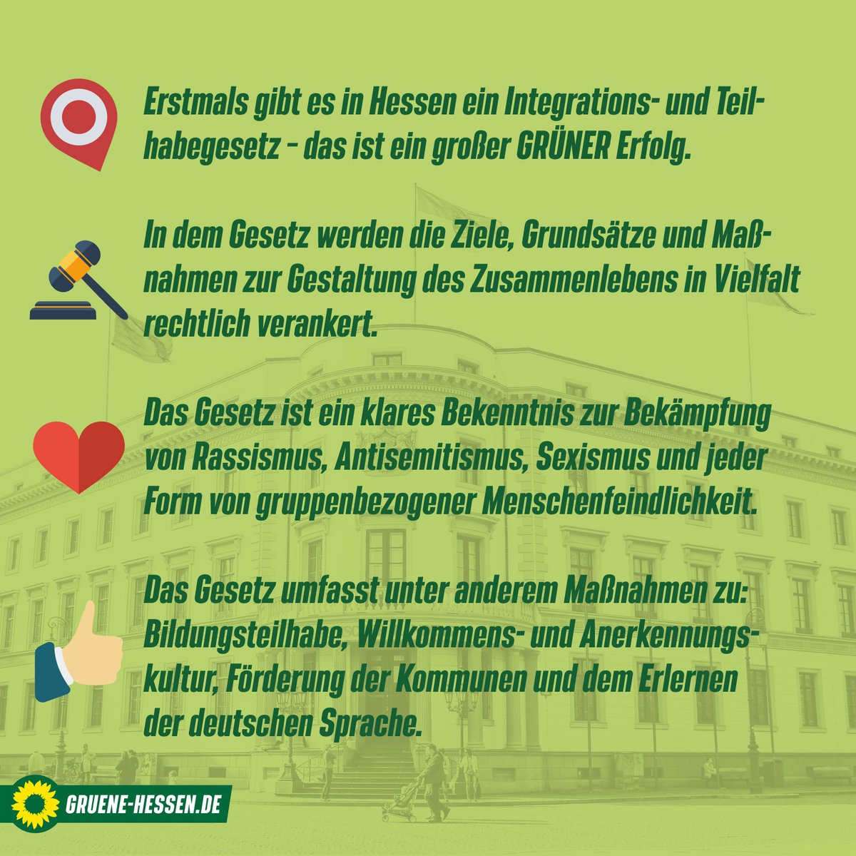 Wow, #Hessen hat zum ersten Mal ein #Integrationsgesetz. Damit wollen wir #Integration &amp; Zusammenleben in #Vielfalt fördern. Und wir erteilen #Rassismus, #Antisemitismus, #Sexismus &amp; jeglicher gruppenbezogener Menschenfeindlichkeit eine klare Absage. #HLT gruene-hessen.de/landtag/presse…