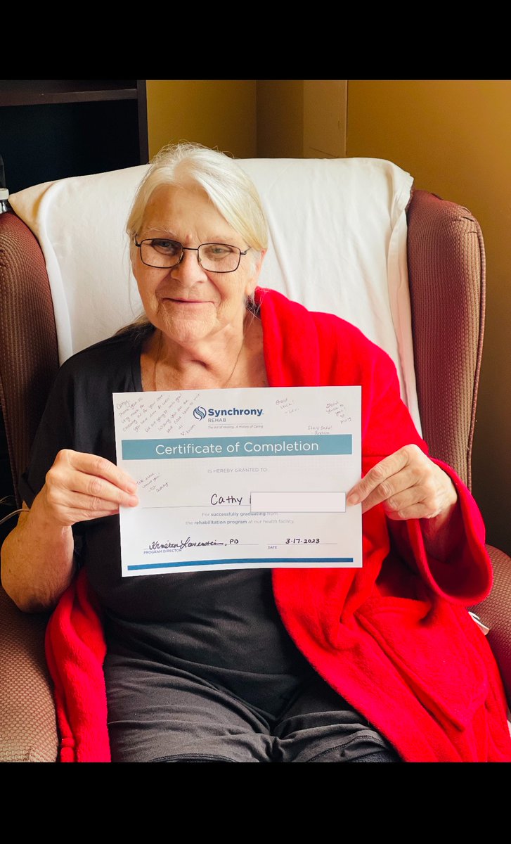 Congratulations to Cathy for graduating from our 'Almost Home' Therapy Program. Thank you for choosing the Lakes of Monclova through your healing journey. We hope to have you back for a visit soon!
