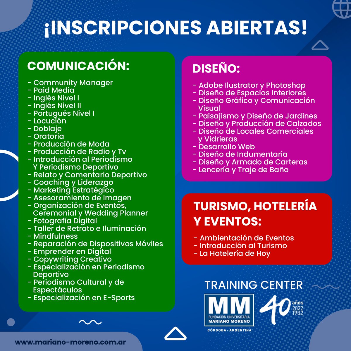 #CursosMM 📚
👩‍💻🧑‍💻 ¡Sumate a los cursos de Training Center!
🗓️ Comienzan en abril.
💼 Amplia salida laboral
📚 ¡Inscripciones abiertas!
📲 Mirá info ingresando a la sección Oferta Educativa de nuestro sitio 👉 buff.ly/34zq12j