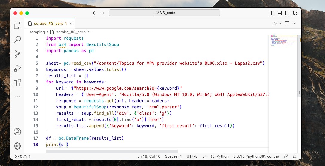 HenedyVP's tweet photo. I just scraped the top #3 results from Google for +500 keywords with no SERP API, just Requests and Beautiful Soup.

You can do it too; the only problem is that Google can block your crawler after a period.

Google Collab Link: https://t.co/k48hOe05C5 https://t.co/KNiVJgJAnT