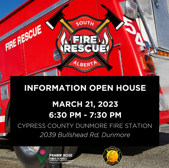 The information session for our new 🚒South Alberta Fire Rescue Academy🚒 takes place tonight! The event runs from 6:30 pm - 7:30 pm at the Cypress County Fire Services Dunmore Fire Station (2039 Bullshead Rd, Dunmore). #myprps #forgefutures #igniteminds