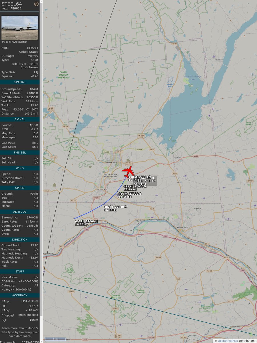 PlaneBoston's tweet image. #PlaneAlert ICAO: #AE0655 Tail: #580084 Flt: #STEEL64 
Owner: #USAF
Aircraft: #Boeing KC-135T
2023/03/21 12:18:29
#K35R #Air2Air #IAmOld #SR71 airforce.com 
globe.adsbexchange.com/?icao=AE0655&amp;amp;s…