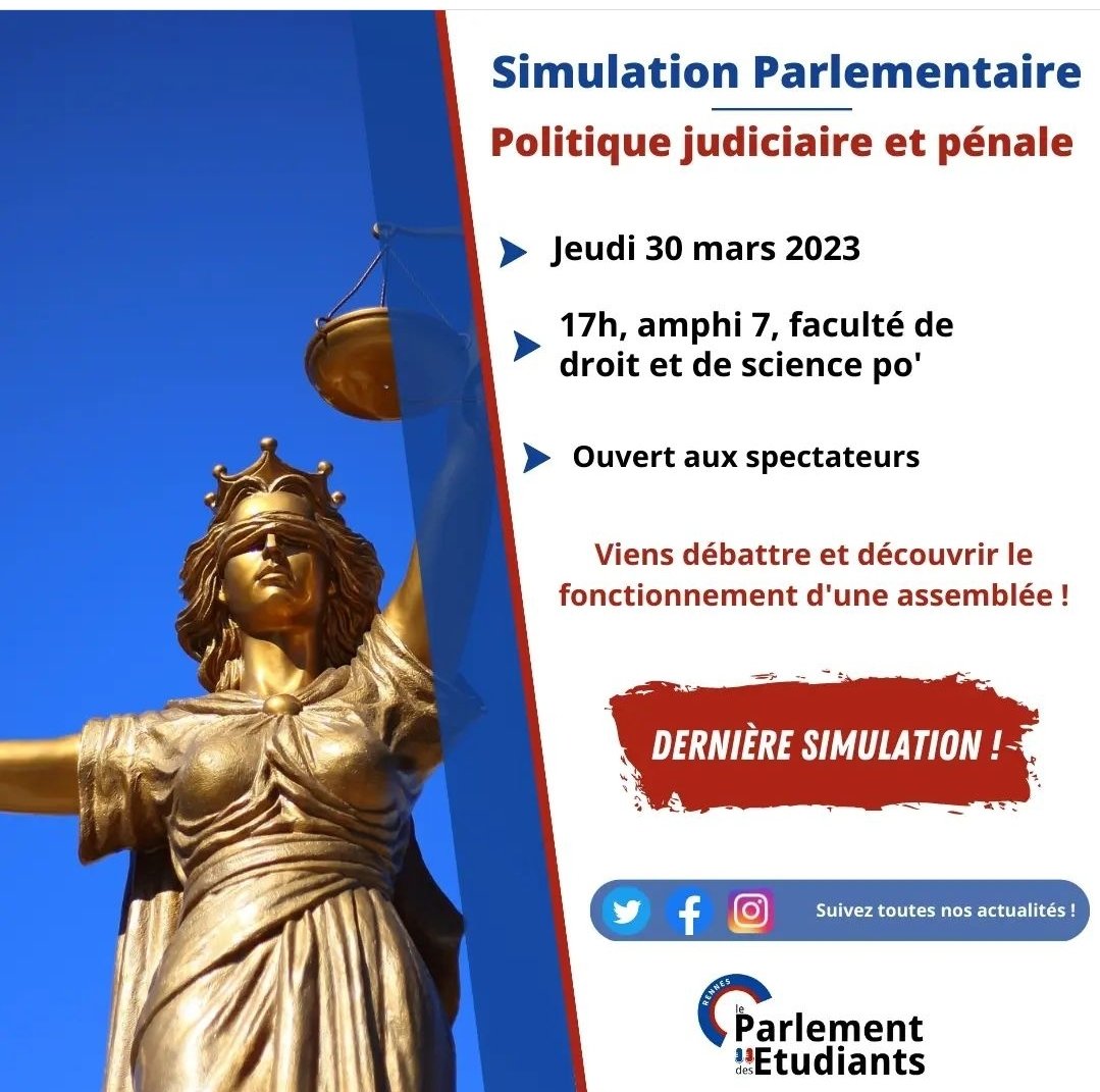PE_Rennes's tweet photo. 🔵🔴 Le parlement des étudiants de Rennes vous donne rendez-vous le 30 mars pour la dernière simulation parlementaire de l'année ! 😉

Inscrivez-vous pour participer ! ↘️ https://t.co/4as0BkJzmc https://t.co/AWwgBP8ecl