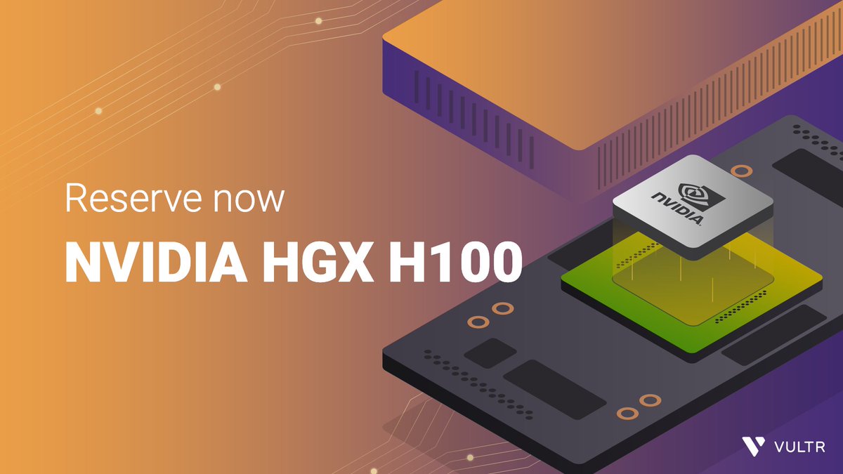 Vultr's tweet photo. Exciting news: Vultr has collaborated with @NVIDIA to launch the powerful HGX #H100, bringing advanced computing capabilities to your cloud. Learn more about how to reserve your spot here: https://t.co/WgoO8h86W6

See the press release here: https://t.co/TJmj98kLnv https://t.co/zcx8Vs54Qo