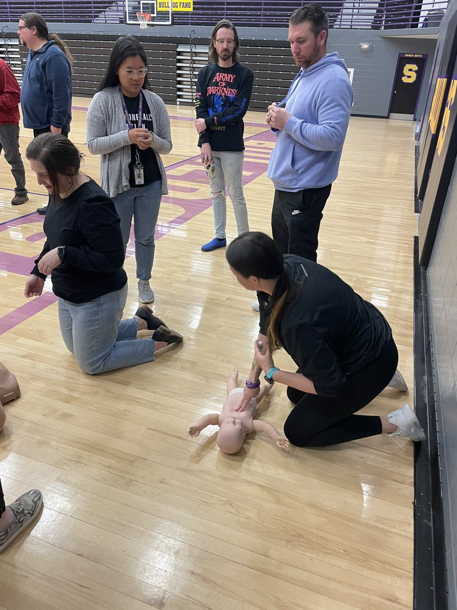 SmyrnaBulldog's tweet photo. Our faculty is learning about first aid and CPR today. Better Bulldogs at work and beyond. #onlyoneSHS #playfornae https://t.co/DLZzpRs9gb
