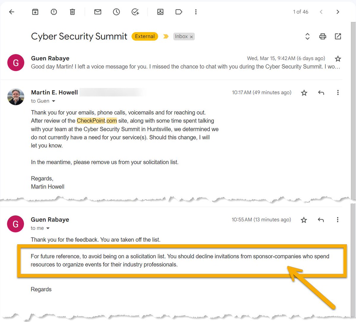 martinehowell's tweet photo. How to spoil the work of others.
Attended the @CyberSummitUSA in Huntsville and met the @CheckPointSW booth team (they were great), and the keynote by @gasplund was excellent and so engaging!
Then came the follow-up. The last sentence wasn't necessary, but it's def memorable. https://t.co/m04Q18H3sQ