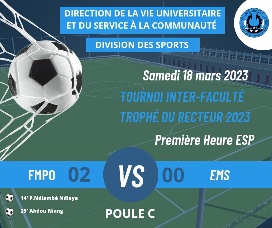 UCAD_Senegal's tweet photo. #UCAD_SPORT⚽️
Résultats 6e journée #tournoi Inter-facultés 2023
@CESTIDAKAR/#FLSH 9-1 
#FMPO/#EMS 2-0
@IfaceInstitut /@eismv 2-1
#Institut_Conficius/@Crefdesucad 2-1
7e journée mercredi 22 mars
#FLSH/#EMS
#ESEA/@esp_dakar 
@FstUcad /#FASTEF
#INSEPS/#FSJP
#ucad #kebetu #communion https://t.co/Nz03P0iHdX