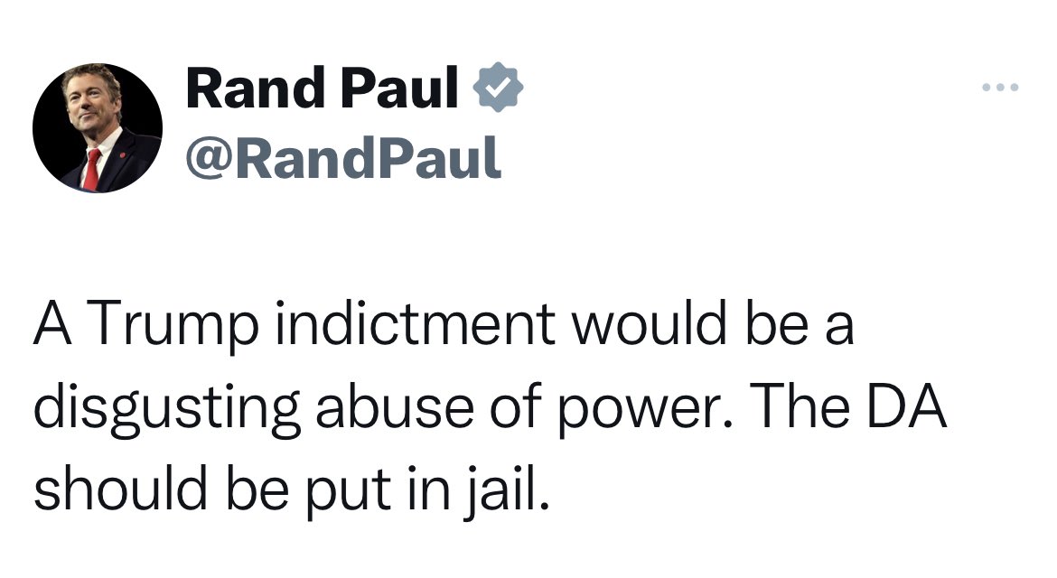 1Nicdar's tweet photo. Kentucky Senator Rand Paul just tweeted that if the Manhattan District Attorney indicts President Trump, he should be put in jail for abuse of power! 

Do you agree?

Yes or No? 🤷🏻‍♂️ https://t.co/nRdAH85DPc