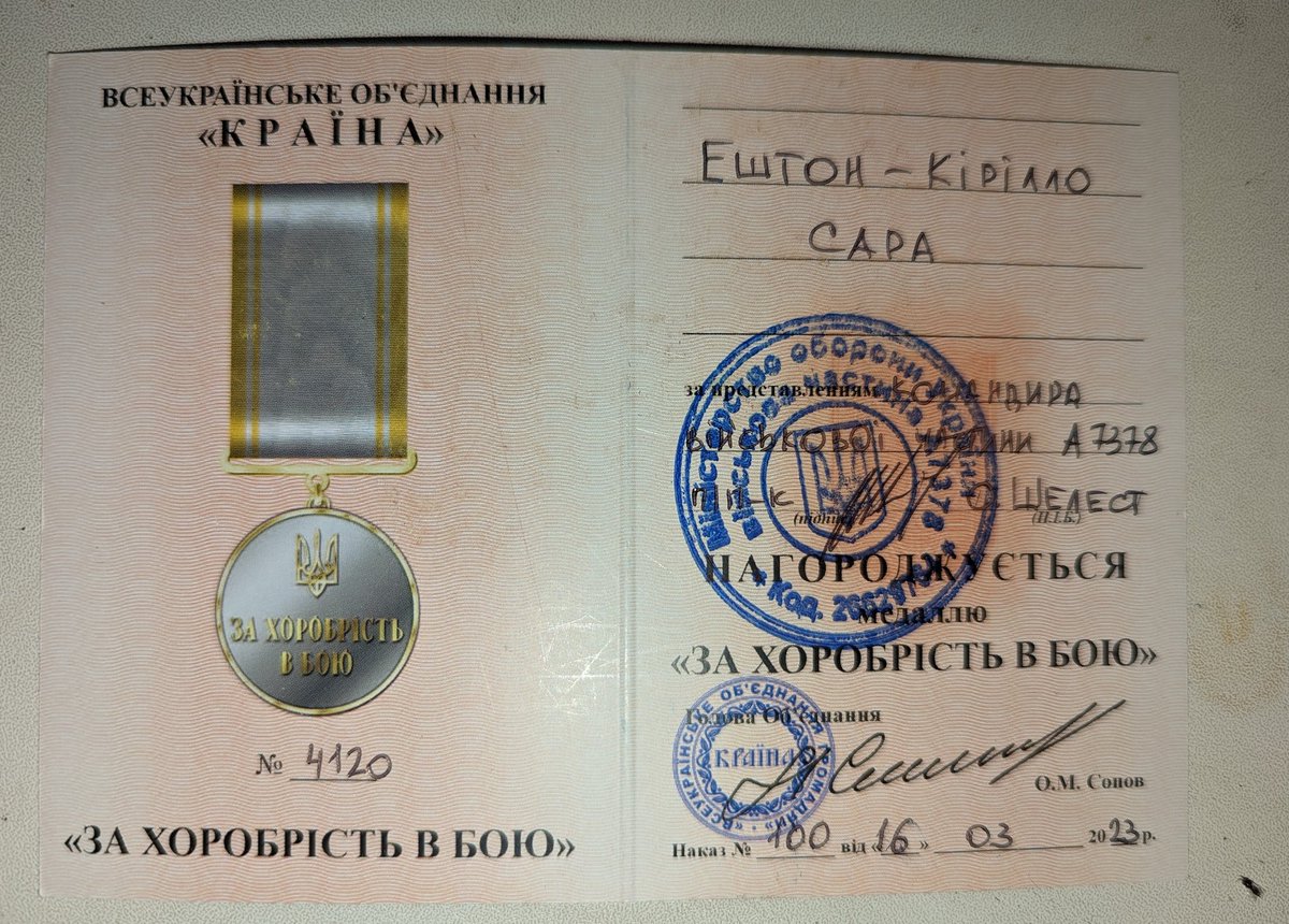 AshtonCirillo's tweet photo. Today I received medals for Courage in Battle and a Certificate of Honor for my actions and acts during the last month of combat against the Russian enemy. 

It is my greatest honor and privilege to serve ZSU and the people of Ukraine. https://t.co/YBK5TkpURR