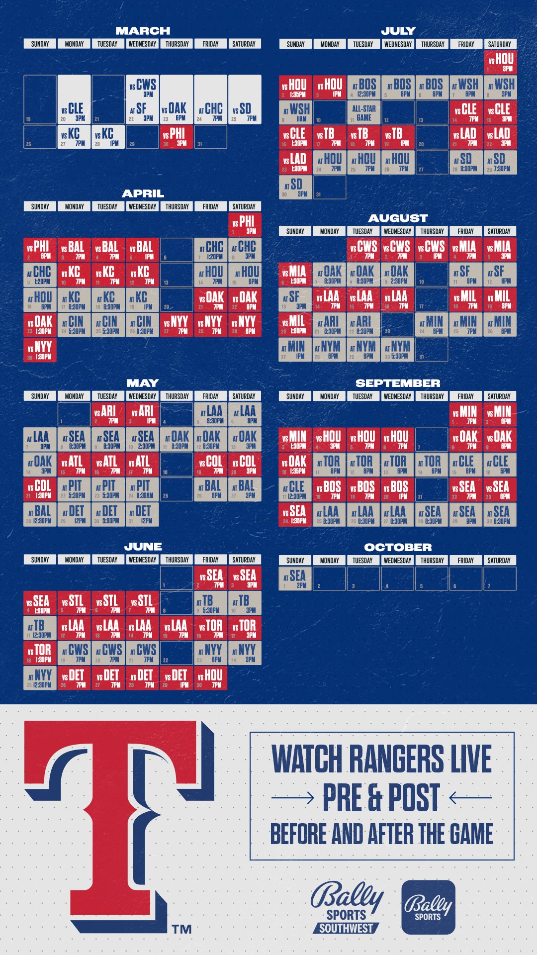 Bally Sports Southwest on X: The 2023 @Rangers schedule! Save to