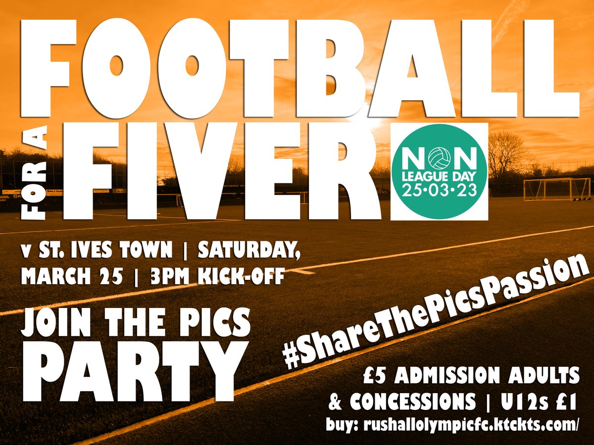 ROFCOfficial's tweet photo. FOOTBALL FOR A FIVER: Who fancies some top-notch football action for just a fiver this weekend?

The high-flying Pics host @stivestownfc and you're all invited! 

Purchase now via: https://t.co/44q5e2DvIZ or pay on the day...

#ShareThePicsPassion | @absoluteradio @RnRFootball https://t.co/Ve3VirMfuO