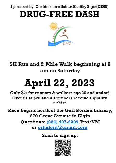 CSHElgin's tweet image. Adults and Youth: Celebrate Earth Day by dashing with us up the Fox River Trail and have fun while being substance free!