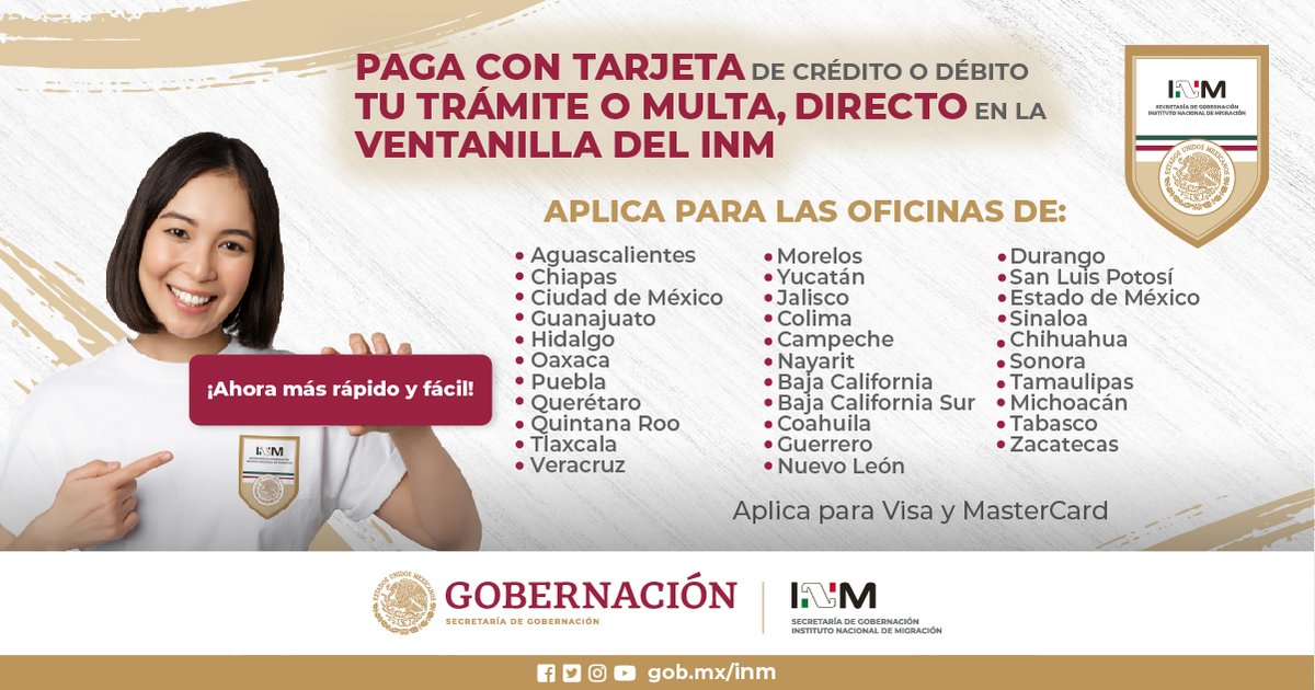 INAMI_mx's tweet photo. Con el sistema de pago electrónico #PinPad puedes utilizar tu tarjeta de crédito o débito en cualquiera de estas oficinas del @INAMI_mx ⬇️ https://t.co/RV4YBv7ov0