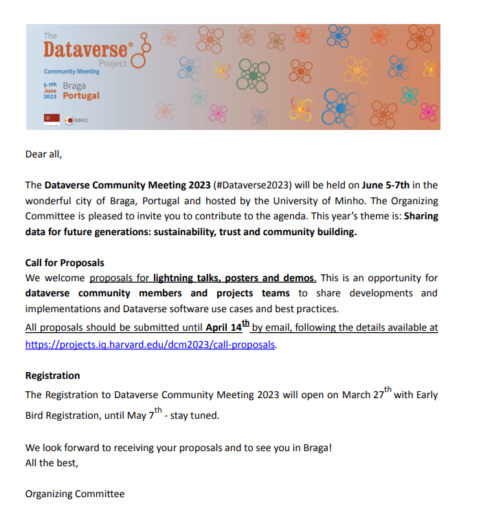 dataverseorg's tweet photo. Call for proposals-now open!
#Dataverse2023 
@UMinho_Oficial @pedroprincipe @dataverseorg
 
All proposals should be submitted by April 14th,
by email, following the details available at https://t.co/SmWUM1OYWk https://t.co/FTNNf91Tjd