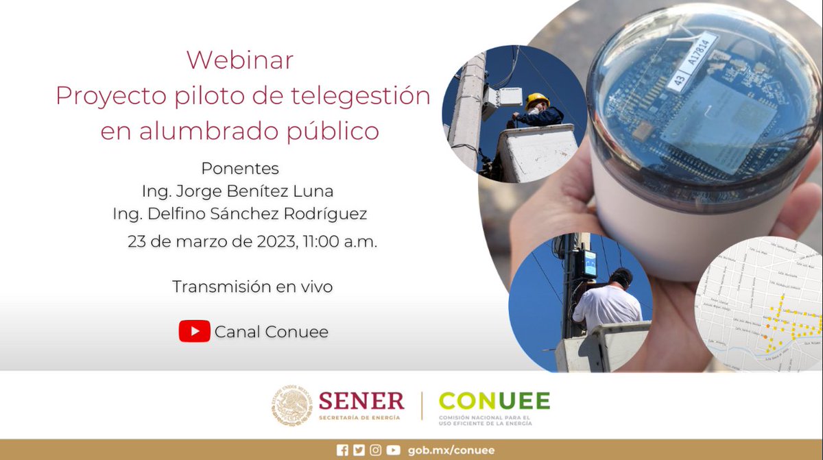 Cmunicipios1's tweet photo. No te puedes perder el Webinar:
"Proyecto piloto de telegestión en #AlumbradoPúblico"
Este 23 de marzo del 2023 a las 11:00 hrs 
Transmisión en vivo por el Canal @CONUEE_mx de #YouTube https://t.co/bMUbFtuyo0