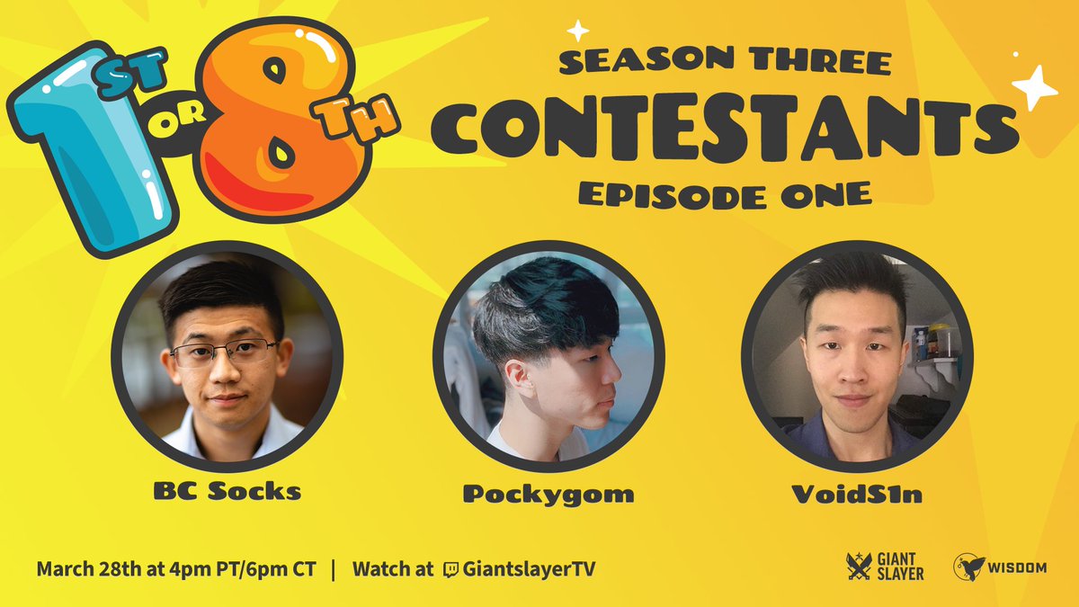 Get ready... 1st or 8th is back with Season 3! 🎯 Tune in for Episode 1 next Tuesday with @MismatchedSock0, @pockygom, & @imissvoidsins! ⏰ March 28 @ 4 PM PT/6PM CT 📺 twitch.tv/GiantSlayerTV