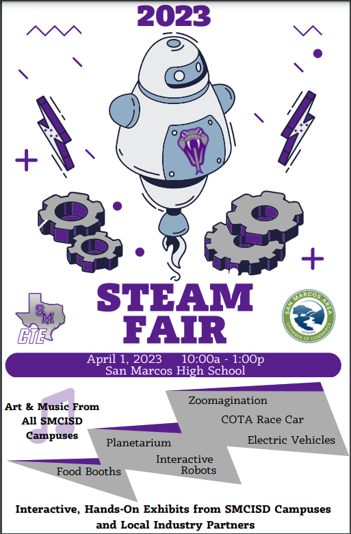SMCISD STEAM Fair is coming!
Join us Saturday, April 1 at San Marcos High School! 
<a href="/SanMarcosCISD/">San Marcos CISD</a> <a href="/SMHS_SMCISD/">San Marcos High School</a> <a href="/Travis_SMCISD/">Travis Elementary</a>