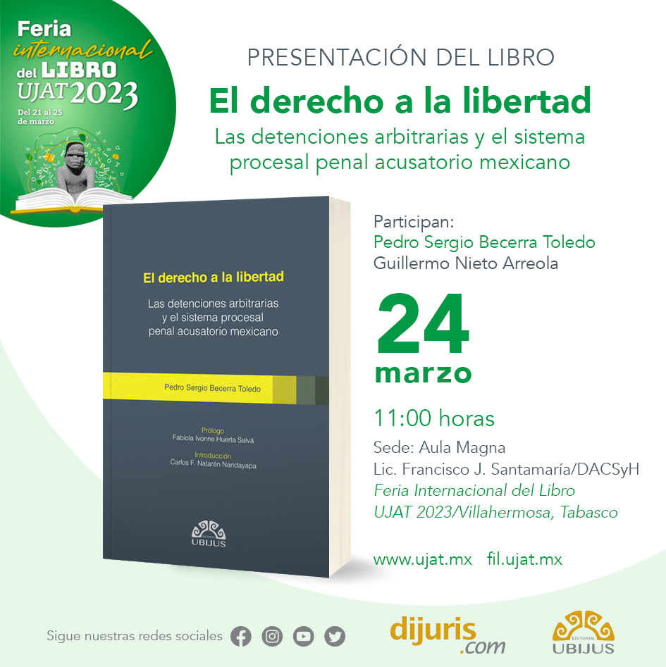 dijuris's tweet photo. Los invitamos a la presentación de EL DERECHO A LA LIBERTAD de @Becerra_Toledo @UbijusEditorial el viernes 24 de marzo en la FIL @UJAT 2023
La UNACH es la invitada de honor en esta ocasión. @comunica_unach @IIJ_UNACH
#Derecho #Abogados #LibrosJuridicos #OrgulloUNACH #LED_UNACH. https://t.co/aOomePbsrU