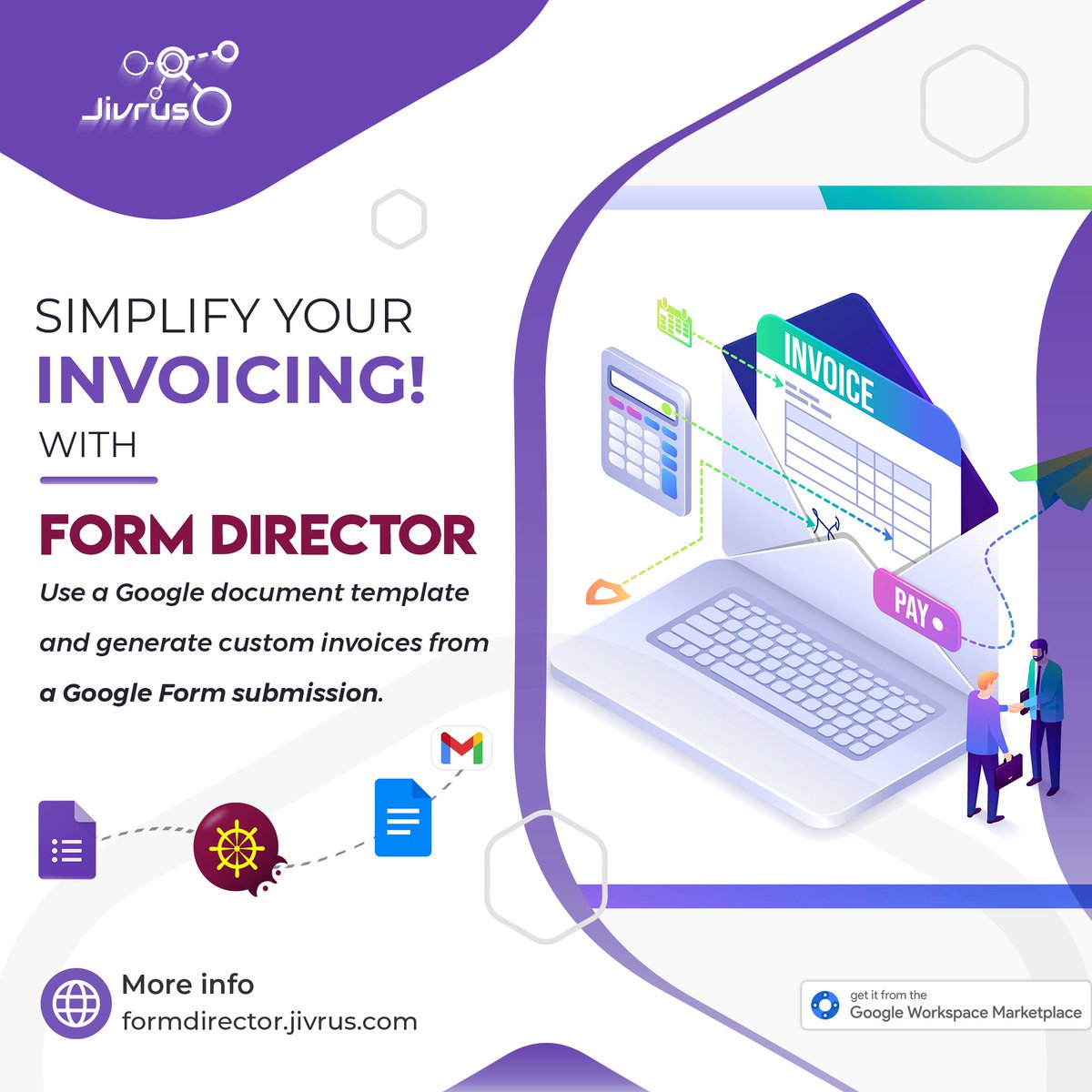 jivrus's tweet image. With Form Director, you can use a Google document template to generate custom invoices and send them via email automatically when a Google Form is submitted.
Read more on our website: zurl.co/u1LF 
#Invoice #FormDirector #JivrusTechnologies #GoogleForms #GoogleApps