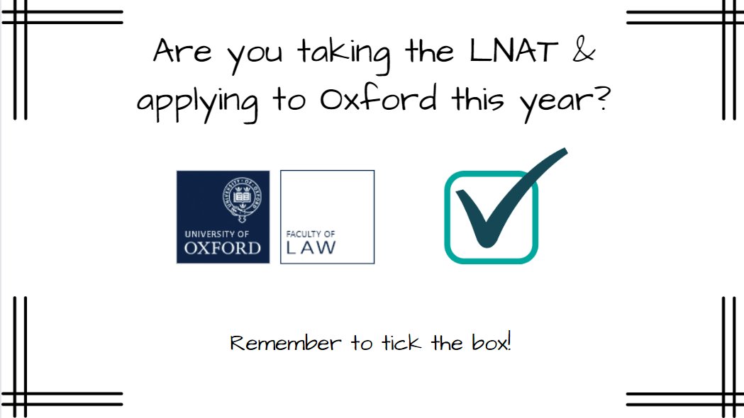 Oxford Law Access & Outreach (@oxlawoutreach) on Twitter photo Are you thinking about applying to Oxford this year to study Law? The deadline dates have changed
UCAS = 16th October 6pm (UK)
LNAT = 16th October
Registration opens 1st Aug & testing starts 1st Sept
Book early & tick the box of each university you are applying to! <a href="/OxfordLawFac/">Faculty of Law</a> Are you thinking about applying to Oxford this year to study Law? The deadline dates have changed
UCAS = 16th October 6pm (UK)
LNAT = 16th October
Registration opens 1st Aug & testing starts 1st Sept
Book early & tick the box of each university you are applying to! <a href="/OxfordLawFac/">Faculty of Law</a>