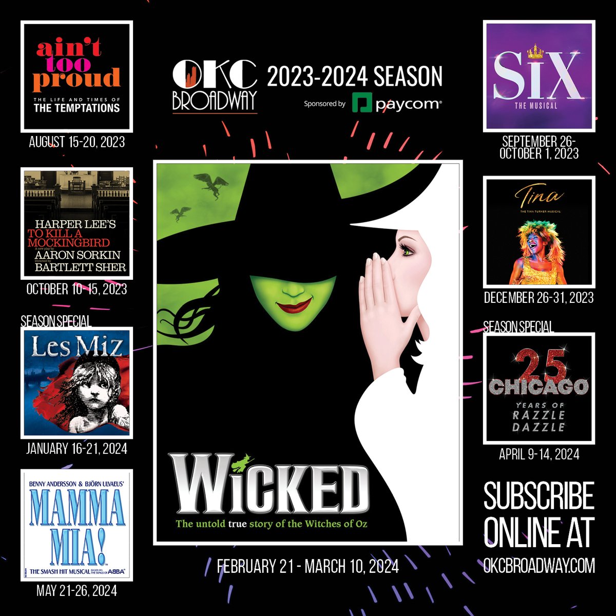 OKCBroadway's tweet photo. INTRODUCING YOUR OKC BROADWAY 2023-2024 SEASON SPONSORED BY PAYCOM! 🎉

Season Subscriptions on sale now!
https://t.co/S1RekWaci4 https://t.co/Tpdd35JprZ