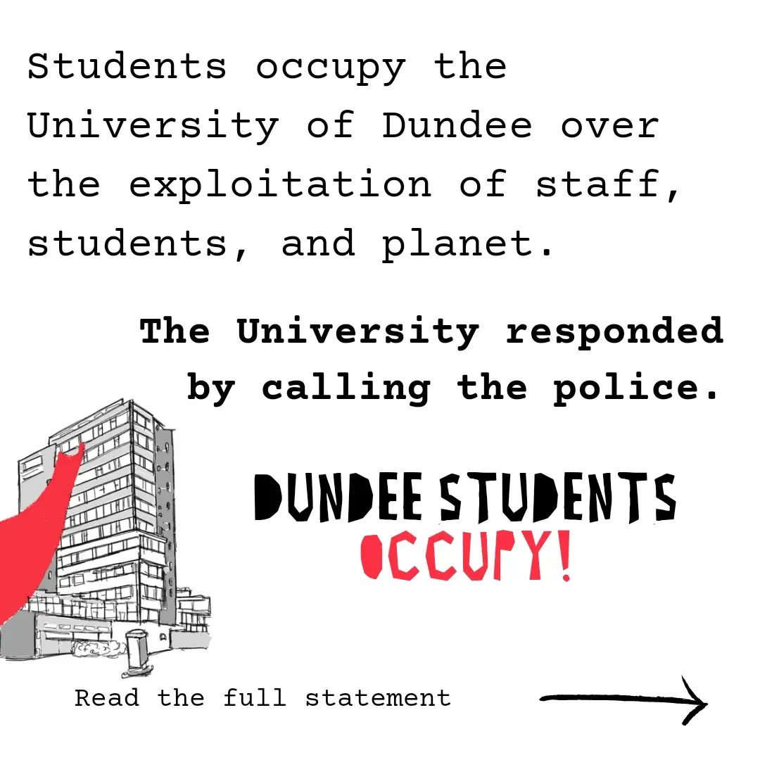 dundeeoccupy's tweet photo. On Monday night students occupied the University of Dundee, protesting the exploitation of staff, students and planet.

Instead of engaging with the legitimate protest, security called the cops!

Read the full statement of what happened!

Pls retweet and follow! 💚🔥✊ https://t.co/bkQcdJl6vw