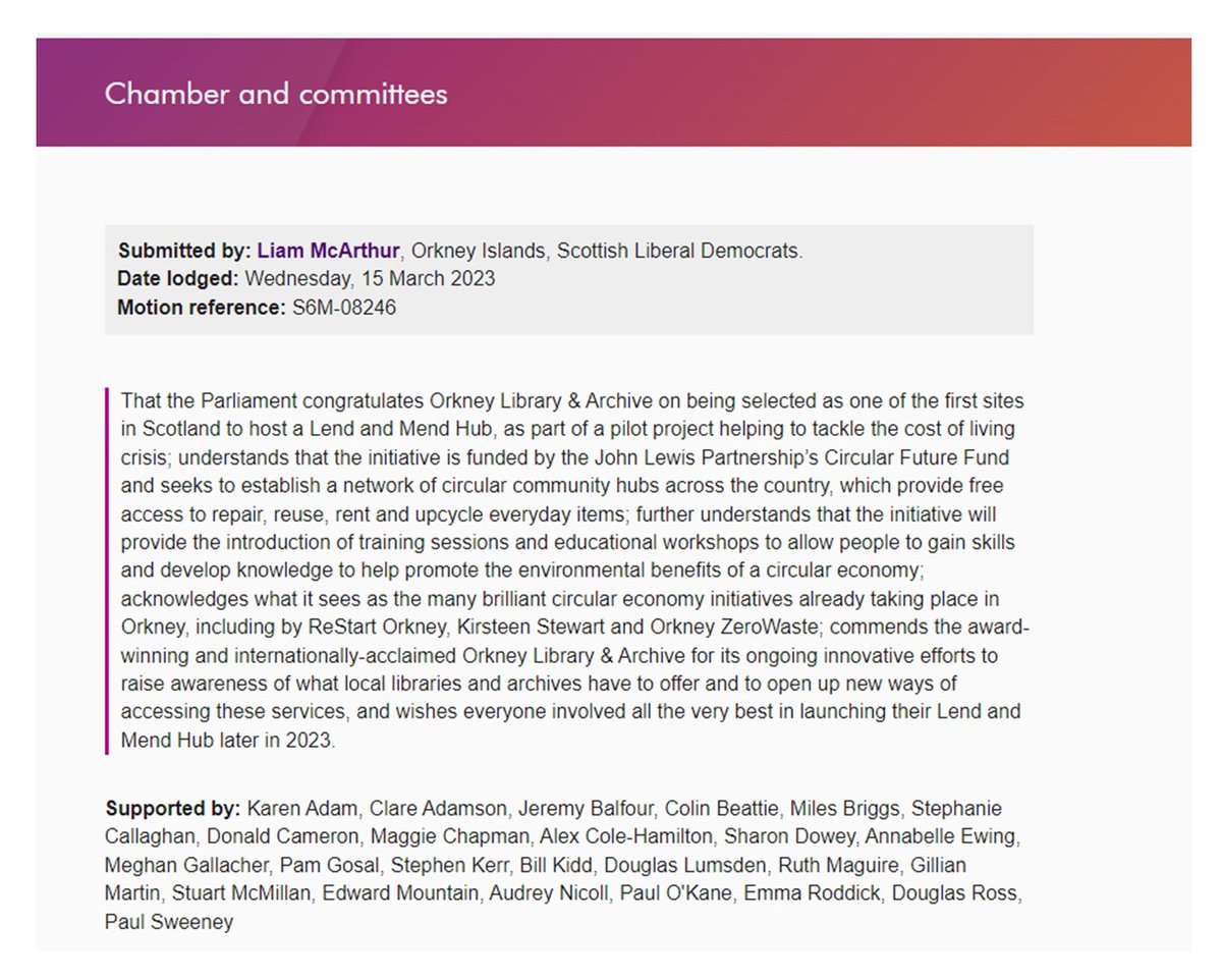 OrkneyLibrary's tweet photo. A big thank you to Liam McArthur MSP for lodging a motion in the Scottish Parliament last week to highlight our involvement in the new Lend & Mend Hub pilot project which will be launched later this year. #CircularFutureFund #LendAndMend
See the motion at: https://t.co/0ffAcvjFQB https://t.co/MXivYEPYf4