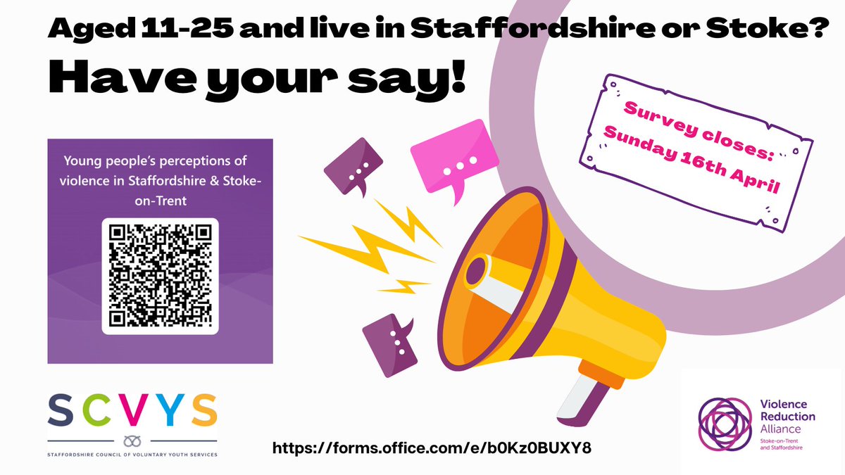 staffscvys's tweet photo. Are you a young person aged 11-25 living in #Staffordshire or #Stoke? We want to hear what you think about violence in your local area and online. @NSCGStafford @southstaffs @NSCGNewcastle @BuxtonLeek @BSDCofficial
Complete the 10 minute survey here: https://t.co/wyzVUCom2o https://t.co/mK203wNuKy
