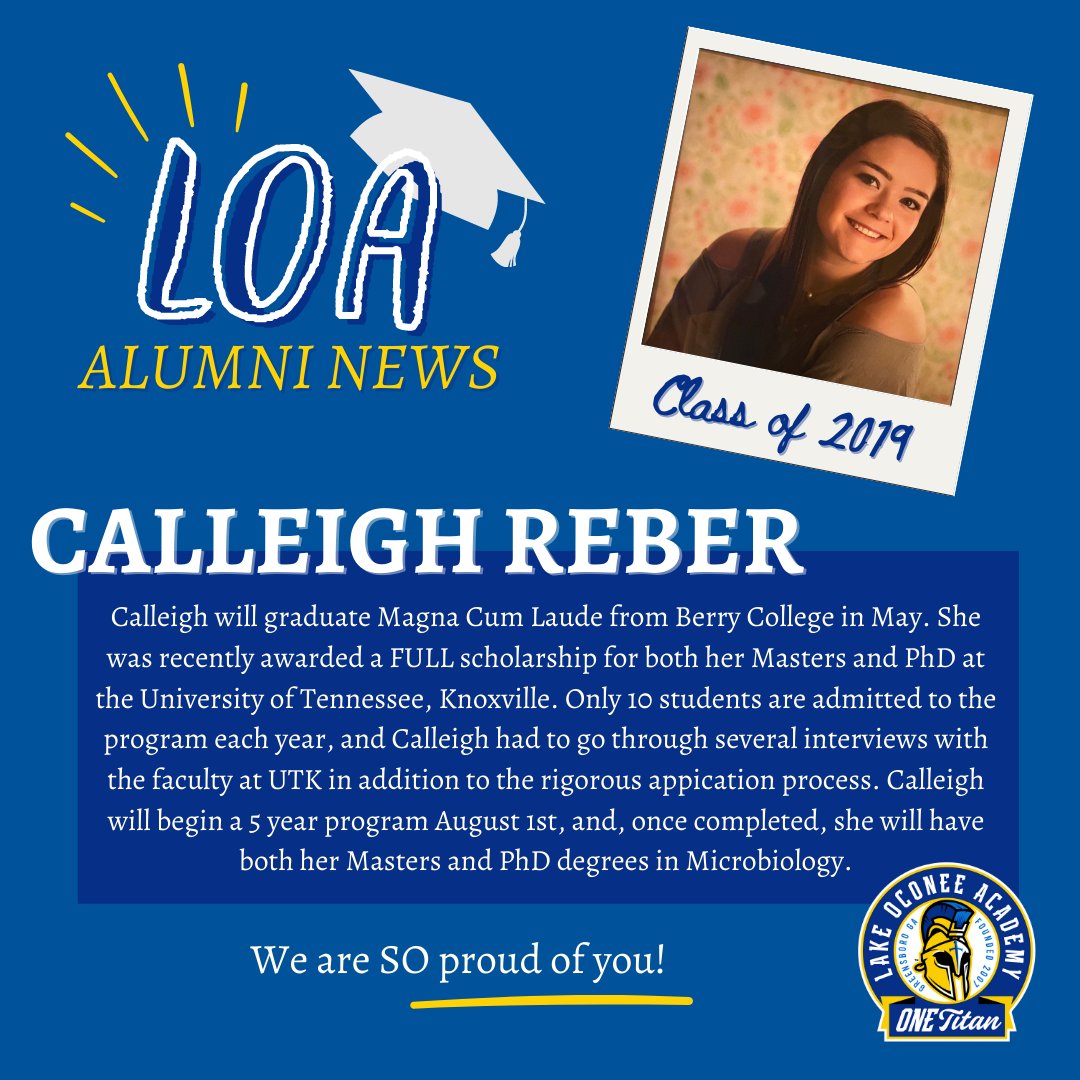 WOW! Way to go, Calleigh. Everyone at Lake Oconee Academy is SO proud of you! We all will be continuously rooting for you and can't wait to see you accomplish all of your dreams.💛 

#LOAAlumni #SuccessStory #LakeOconeeAcademy #OneTitan #Classof2019