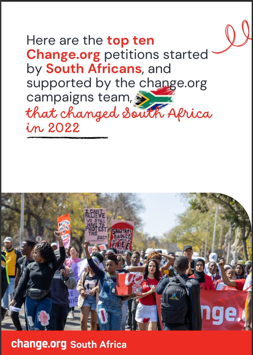 [A must read on this #HumanRightsDay 🇿🇦🚨] 

Top 10 petitions that changed South Africa in 2022 in the pursuit for Human Rights and Social Justice. 👬👫

@ChangeorgSA @Change
#TeamFreeSanitaryPads 
#ItsAboutBloodyTime 
#MenstrualHealthMatters 

Link: 🔗 drive.google.com/file/d/1Y4M9NJ…